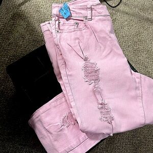 Pink cut up front stretch jeans